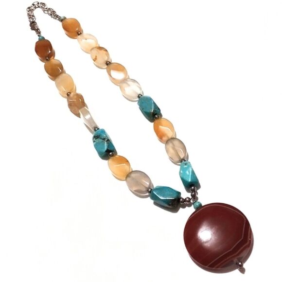 Multi Color Agate and Turquoise Beaded Pendant Necklace * - Picture 5 of 5